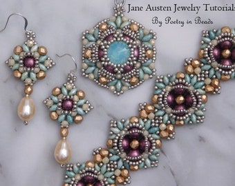 3 Beaded Jewelry Patterns, Jane Austen Jewelry Patterns, Beadweaving, Beadwork, Jewelry Making, Beading Tutorial, 10mm Rivoli, Seed Beads