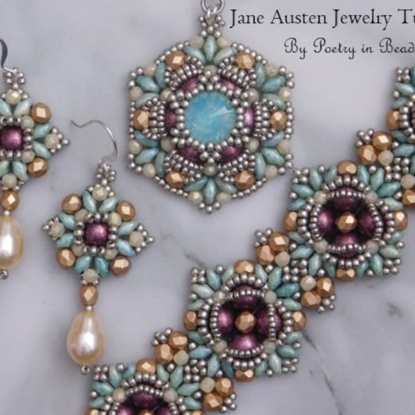 3 Beaded Jewelry Patterns, Jane Austen Jewelry Patterns, Beadweaving, Beadwork, Jewelry Making, Beading Tutorial, 10mm Rivoli, Seed Beads