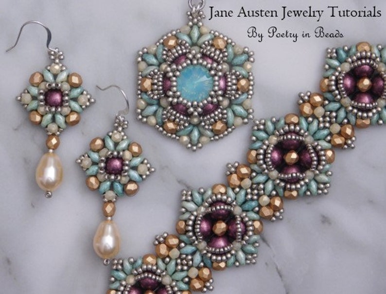 3 kralen sieradenpatronen, Jane Austen sieradenpatronen, kralenweven, kralenwerk, sieraden maken, kralenhandleiding, 10 mm Rivoli, rocailles afbeelding 1