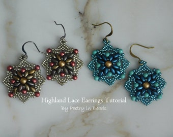 Jewelry Tutorial, Highland Lace Earrings Tutorial, Beading Pattern, Beading Tutorial, Earrings Pattern, Superduo, Seed Beads, Beadweaving