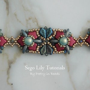 May include: A close-up of a beaded bracelet with a repeating pattern of red, blue, and gold beads. The bracelet is made with seed beads and features a flower design. The text "Sego Lily Tutorials By Poetry in Beads" is visible below the bracelet.