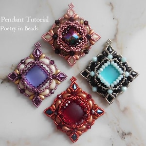 May include: Four square-shaped beaded pendants with different colored glass stones in the center. The pendants are made with seed beads and feature a variety of colors, including gold, silver, black, red, purple, and blue. The pendants are arranged on a white marble surface.