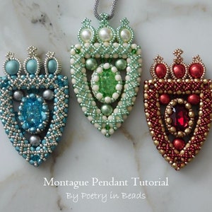 May include: Three beaded pendants in the shape of shields with crowns on top. The pendants are made with silver, gold, and red beads, and feature a variety of colored gemstones. The pendants are displayed on a white marble surface. Montague Pendant Tutorial By Poetry in Beads.