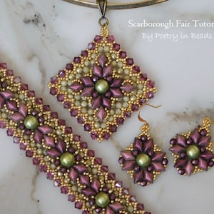 3 Beading Tutorials, Scarborough Fair Bracelet, Pendant, Earrings, Beading Pattern, Gemduo, Diamonduo, Czechmates Cabochon, 4mm Bicones, PDF