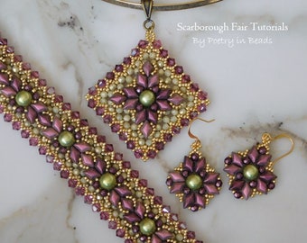 3 Beading Tutorials, Scarborough Fair Bracelet, Pendant, Earrings, Beading Pattern, Gemduo, Diamonduo, Czechmates Cabochon, 4mm Bicones, PDF