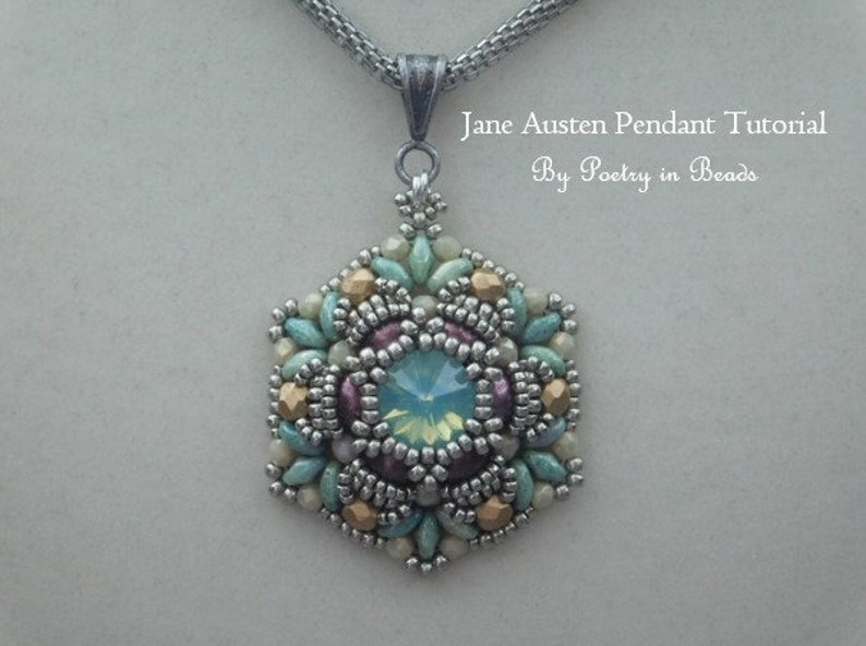 Jewelry Tutorial, Jane Austen Pendant Tutorial, Jewelry Making, Pendant Pattern, 10mm Rivoli, Seed Beads, Superduo, Jewelry Making, PDF zdjęcie 1