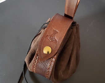 Brown leather dice bag, larp coin pouch, renfaire, drawstring bag