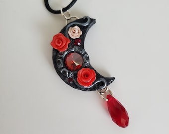 Black moon pendent, red rose, Red Swarovski Rivoli, Gothic jewelry, Amulet, Larp