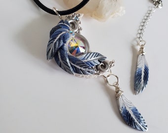 Moon amulet, Feather pendent, Swarovski crystal Rivoli, Boho necklace, Hand sculpted jewelry