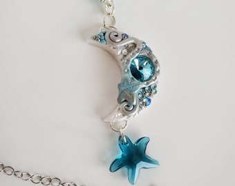 Starfish pendent, moon amulet, Swarovski necklace, Hand sculpted jewelry, blue and silver pearls