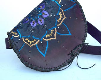 Mandala purse, purple, blue, leather bag, cottage core, renfaire, larp, handtooled leather