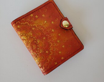 Leather Wallet, Boho wallet, Slim, small, leather cardholder, mandala art, sunburst, Handmade, Red, gold