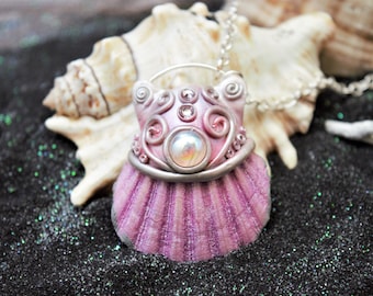 Mermaid necklace, shell pendent, OAK, ocean jewelry, mermaid pendent, pink, Larp, Boho, Renaissance fair, MerMay