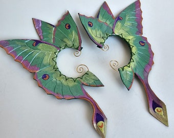 leather ear cuff, Chinese luna moth, green, pink, fairy ears, renfaire, larp costume