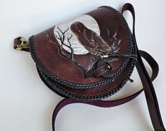 Owl bag, Boho owl bag, flap bag, renfaire purse, hand tooled leather, hand painted, larp pouch