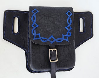 Celtic tooled bag, leather hip bag, utility pouch, Larp, renfaire, Blue and black