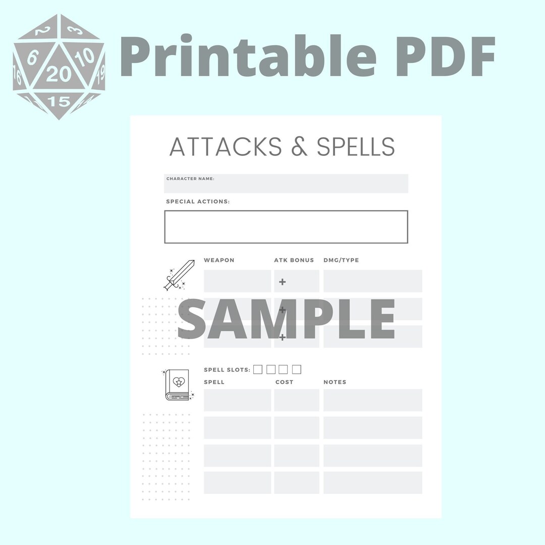 Printable DND Attacks and Spells Sheet - Etsy