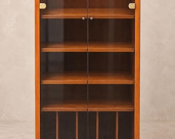Vintage Teak Record Cabinet |  Smoked Glass Stereo Vinyl Record Storage with Wheels