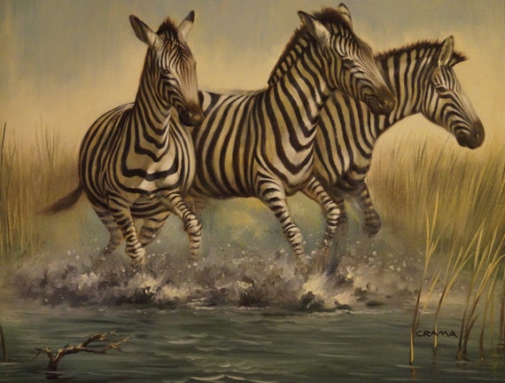 Oil Painting Of Zebras Herd Running In Wild Etsy