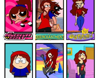 May include: A digital artwork titled "The Artist in Six Cartoons" features six panels, each depicting a cartoon character in the style of popular animated shows like The Powerpuff Girls, Disenchantment, and Family Guy. The artist is represented in each panel.