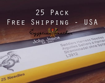 May include: A pack of 25 John James Saddlers Harness Needles. The pack is yellow and black with the text "Saddlers Harness Needles", "Aiguilles Selliers à Harnais", "Straminnadel ohne Spitze", and "L3912".