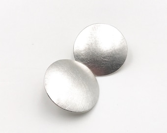 Silver flat half lens stud earrings 925 silver plain earrings for women brushed diameter 25mm handmade gift