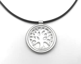 Necklace pendant with mother-of-pearl tree of life on rubber chain, unique jewellery, gift, bayonet clasp, 925 silver, necklace, natural