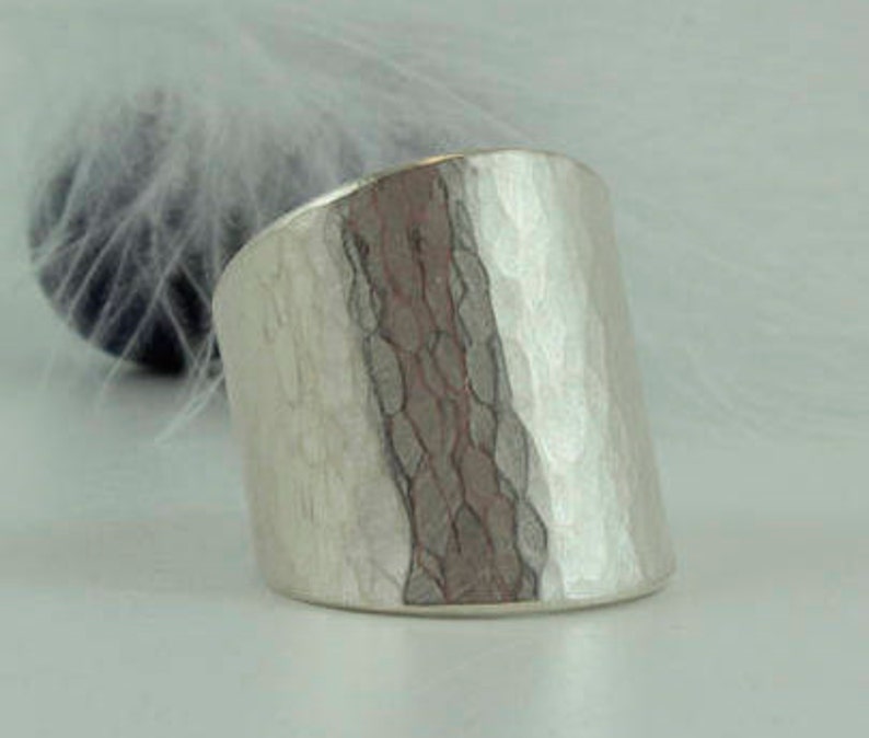 Wide forged ring with hammered finish, 925/000 silver, size 58, matt, polished, handmade, gift, production image 1