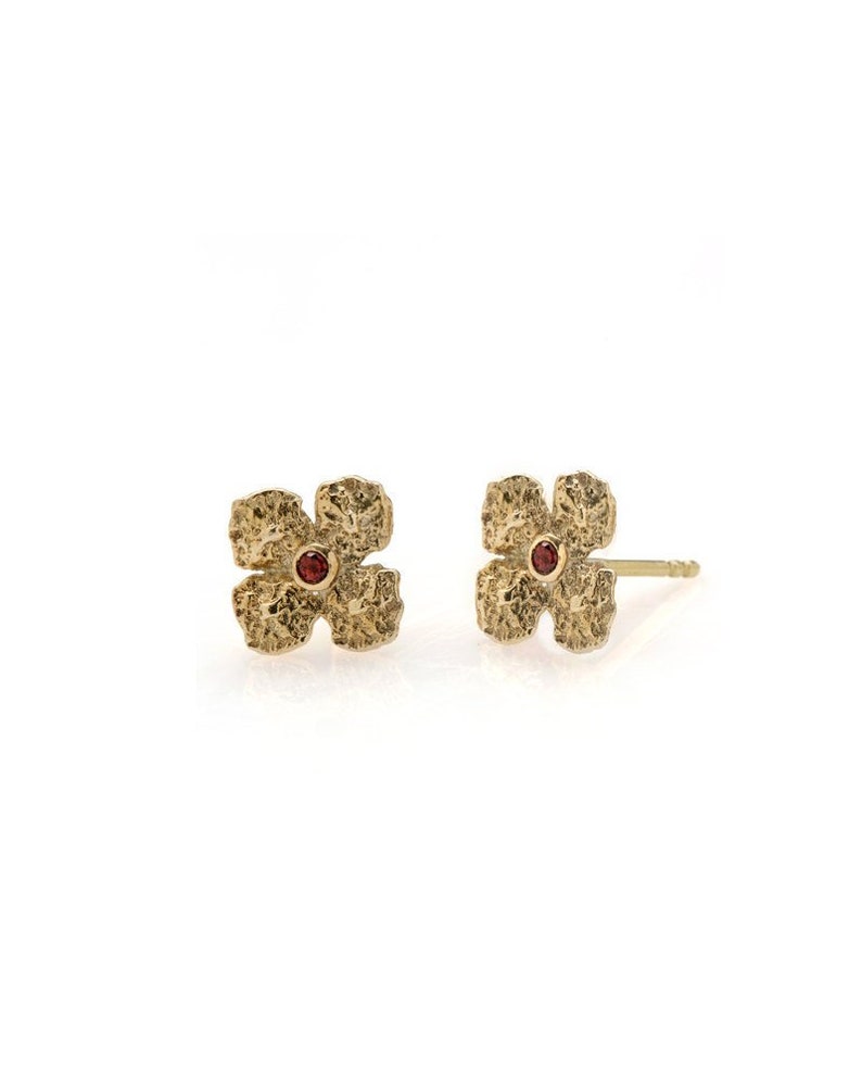 Gold stud flower earrings 14k with garnet January birthstone flower gold earrings. solid gold stud earrings