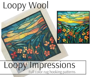 Loopy Impressions Full Color Rug Hooking Pattern, Stained Glass Field of Flowers