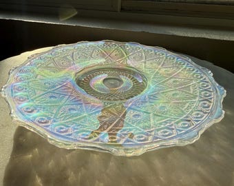 Vintage L.E. Smith Glass Carnival Glass Footed Plate, Crystal Lustre White