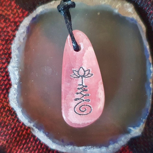 Rhodocrosite Crystal Pendant | Unalome Lotus Flower | Rhodocrosite Necklace | Buddhist Crystal Jewelry | Pink Rhodocrosite | Boho Gemstone