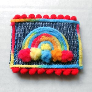 Rainbow Denim Brooch: Upcycled Jean Textile Art Pin