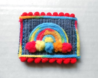 Rainbow Textile Art Pin Fiber Art Pin upcycled Jean brooch Rainbow and Clouds, Unisex Pin Mixed Media Brooch Symbol of Hope Peace Promise