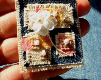 Abstract Textile Art Brooch: Upcycled Jean Fabric & Vintage Flower