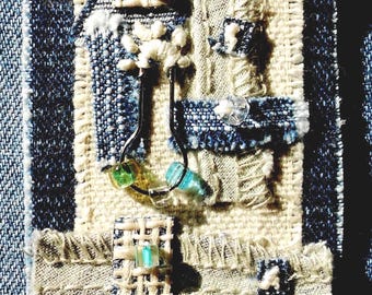 Abstract Textile Art Brooch: Upcycled Jean Fabric Pin