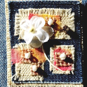 Abstract textile art brooch/pin, small fabric pin, mixed media brooch, upcycled jean fabrics, OOAK, repurposed scrap fabric pin