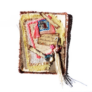 Textile Art Brooch: Linen, Love Letter, Pearl Charm, Tassels
