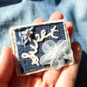 Sweet textile brooch with Blue Flowers, Mixed media art brooch, upcycled scraps, bits and bobs, handmade fabric pin, Made in USA