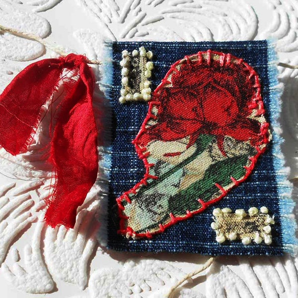Sale Textile brooch Boho embroidered necklace on 33-inch adjustable hemp cord converts to a brooch red rose