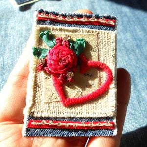 Upcycled Fabric Art Brooch: Love Themed Textile Pin