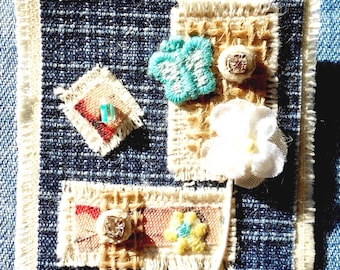 Textile Collage Brooch: Upcycled Fabric Remnants, OOAK Butterfly & Flower Pin