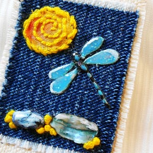 Dragonfly Denim Brooch: Upcycled Fabric Pin, Mixed Media Textile Art