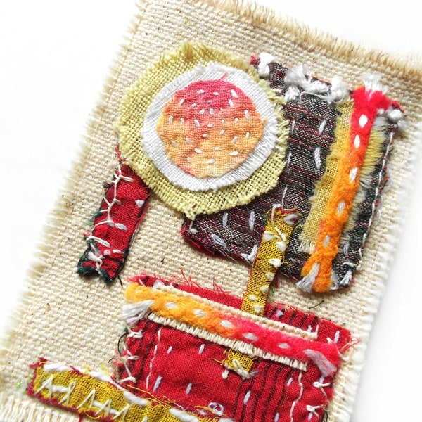 Abstract textile Art Brooch or Pin Geometric Fabric Brooch ACEO Fabric Collage Slow Stitching Mindful Stitching