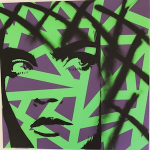 Cara Delevingne -Purple & Green geometric shapes with graffiti style cara