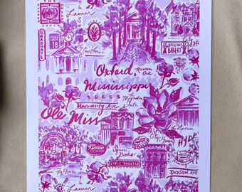 11x14, Oxford MS, toile, pink, southern, Mississippi, ole miss, art, graduation, watercolor print, wall art, ole miss dorm