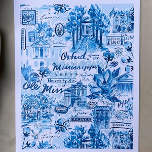 11x14, Oxford MS, toile print, blue, southern, Mississippi, ole miss, art, graduation, watercolor print, wall art, ole miss dorm