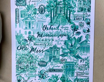 11x14, Oxford MS, toile, green, southern, Mississippi, ole miss, art, graduation, watercolor print, wall art, ole miss dorm