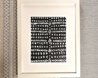 8x10 Mudcloth Arrows and Dashes Black and White Textile Art Print, ink, resist, textile, gallery wall, art, boho