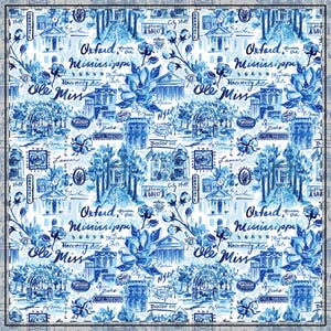 May include: A square, blue and white patterned fabric featuring watercolor illustrations of Oxford, Mississippi landmarks, including the University, City Hall, and Lyric Theatre. The design includes floral and script elements.